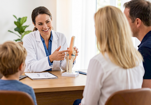 Eine Fachärztin im hellen Behandlungszimmer erklärt einer Familie am Modell die Symptome und Therapie der Bluterkrankheit Hämophilie.