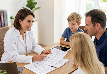 Eine Ärztin erklärt einer Familie die Ergebnisse der Laboruntersuchung.