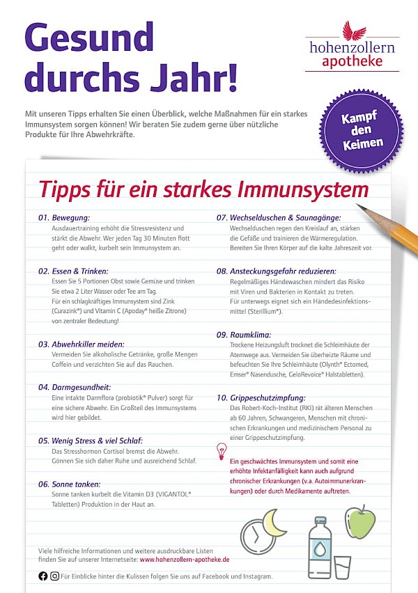 Checkliste der Hohenzollern Apotheke mit 10 Tipps zum Immunsystem stärken, darunter Ernährung, Bewegung, Schlaf und Hygiene.