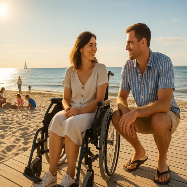 Eine junge Frau im Rollstuhl neben ihr hockt ein Mann. Die beiden lächeln sich an. Im Hintergrund ist ein Strand zu sehen. Die Sonne scheint. Das Bild ist mit KI generiert und dient der Illustration.