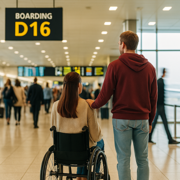 Eine junge Frau im Rollstuhl. Neben ihr steht ein Mann. Beide sind von hinten zu sehen. Im Hintergrund sieht man eine Flughafen-Halle. Das Bild ist KI-generiert und dient der Illustration.