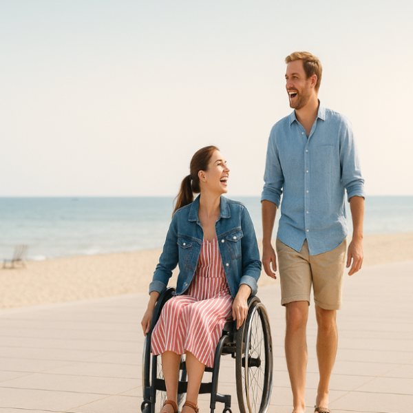 Eine junge Frau im Rollstuhl. Neben ihr geht ein Mann. Im Hintergrund ist ein Strand zu sehen. Das Bild ist KI generiert und dient der Illustration.